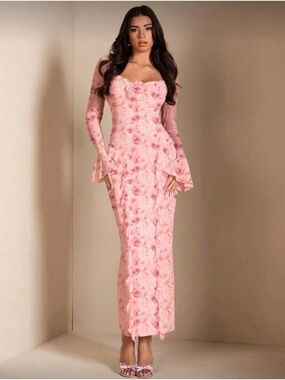 Pink Floral Long Sleeve Maxi Dress